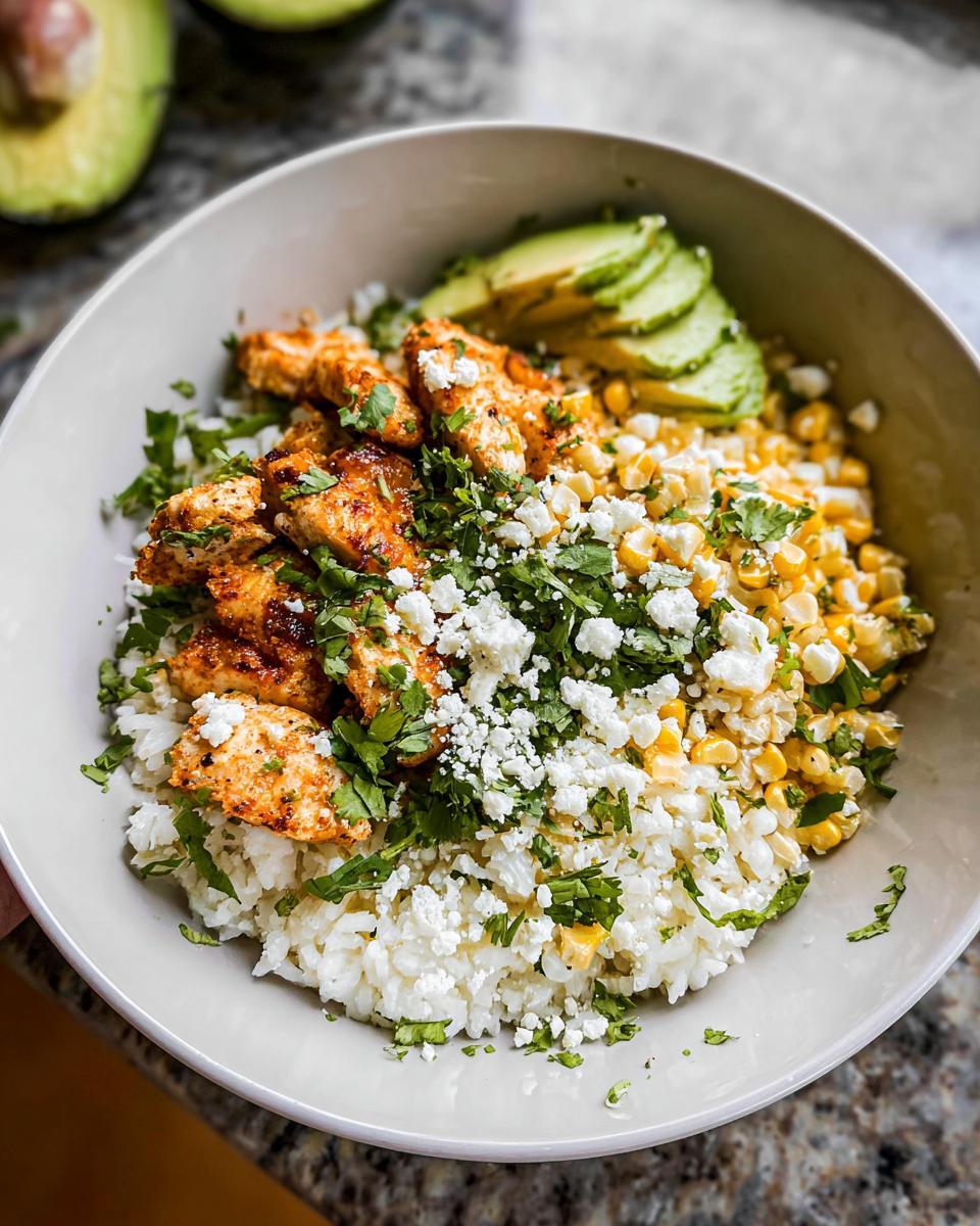 A close-up of an Easy Street Corn Chicken Bowl featuring rice, seasoned chicken, corn, crumbled cheese, cilantro, and sliced avocado.