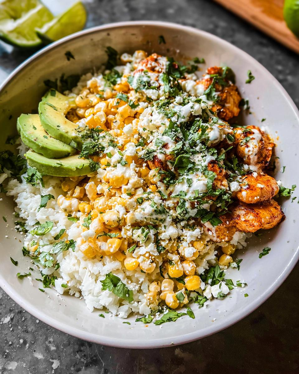 Close-up of an Easy Street Corn Chicken Bowl with rice, corn, crumbled cheese, avocado slices, and cilantro.