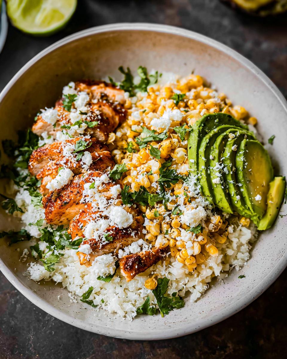 Close-up of an Easy Street Corn Chicken Bowl featuring grilled chicken, corn, avocado slices, and crumbled cheese.