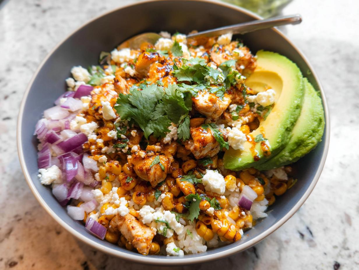 A vibrant Easy Street Corn Chicken Bowl featuring rice, seasoned chicken, corn, red onion, avocado slices, and crumbled feta cheese, garnished with cilantro.