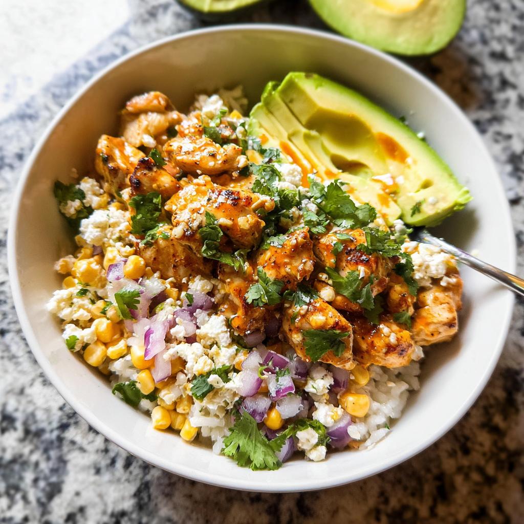 A vibrant Easy Street Corn Chicken Bowl topped with grilled chicken, corn, queso fresco, red onion, cilantro, and avocado slices.