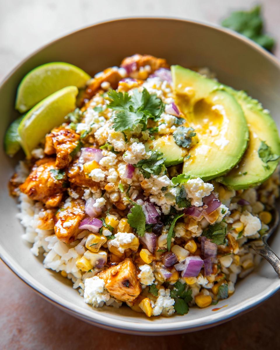 A delicious Easy Street Corn Chicken Bowl topped with avocado slices, crumbled cheese, red onion, and cilantro.