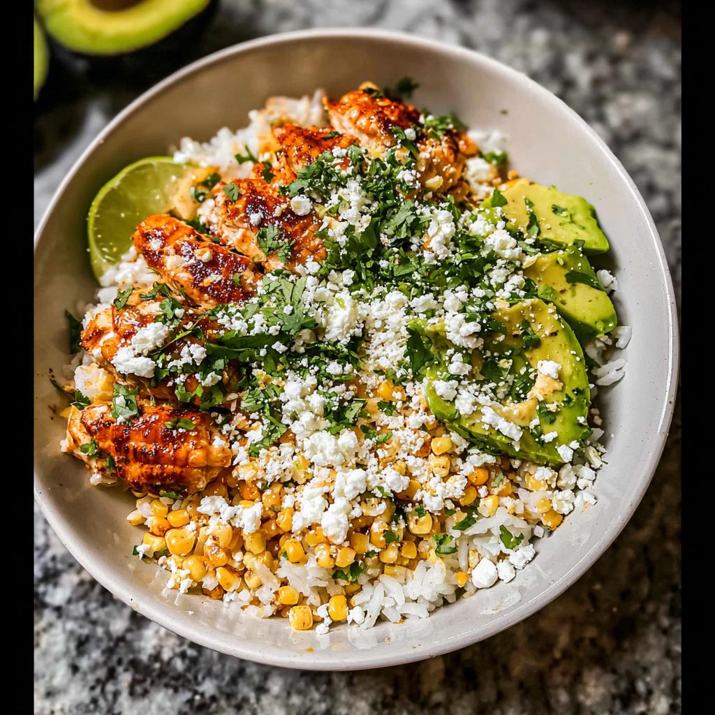 A close-up of an Easy Street Corn Chicken Bowl featuring grilled chicken, rice, corn, avocado, crumbled cheese, and cilantro.