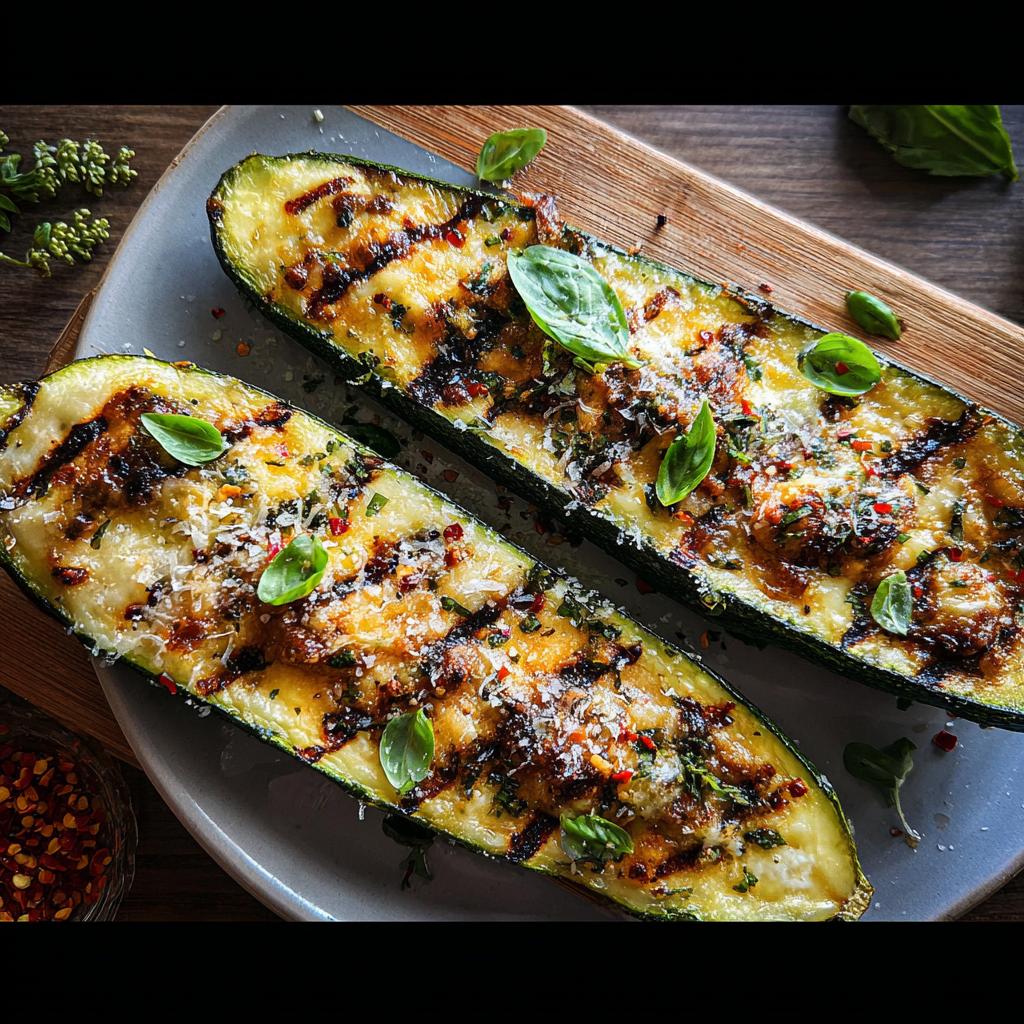 Two halves of grilled zucchini topped with melted cheese, herbs, and a balsamic glaze, representing the Effortless Garlic Butter Steak & Zucchini Delight.