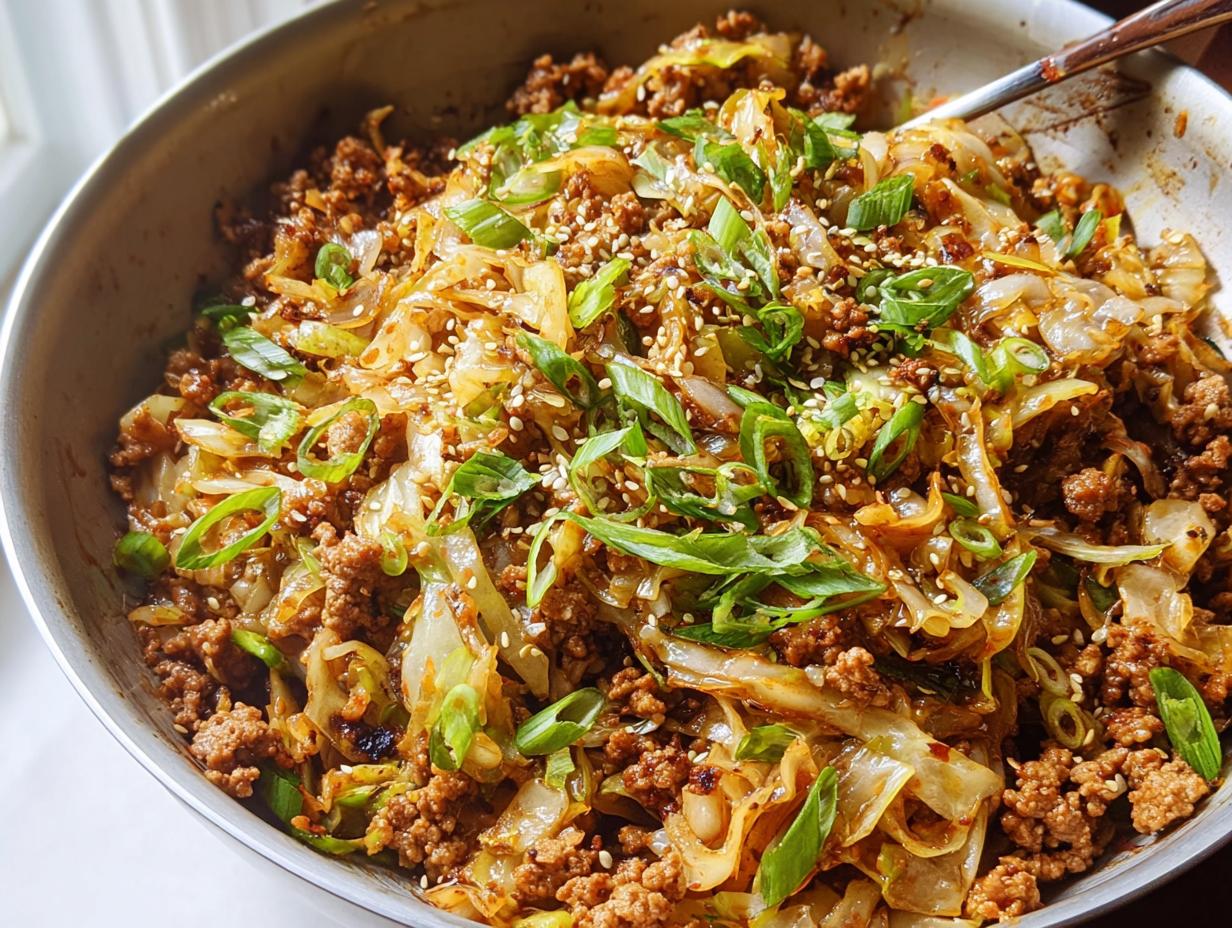 A close-up of a pan filled with a savory Egg Roll in a Bowl, featuring ground meat, cabbage, and green onions.