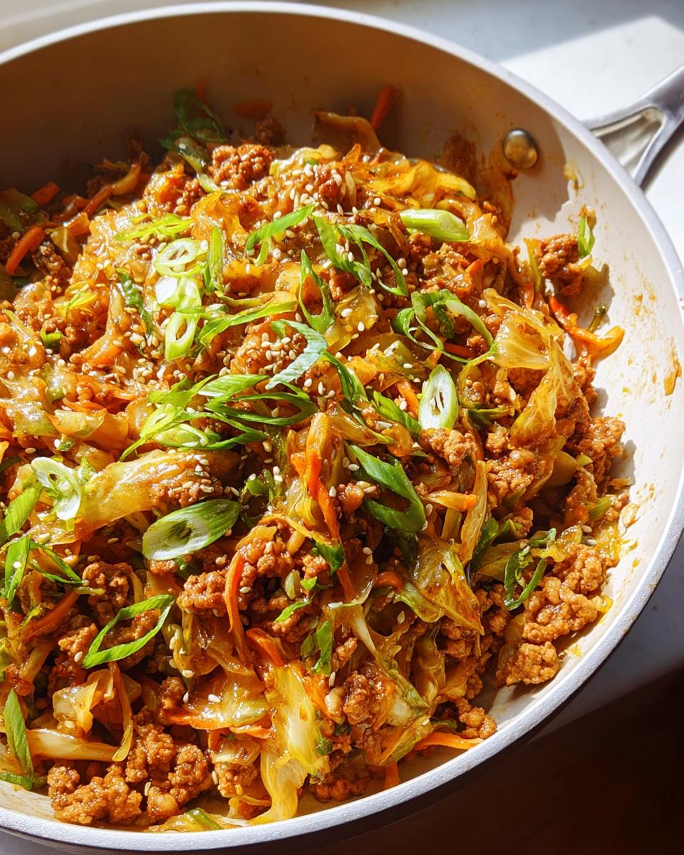 A close-up of a savory Egg Roll in a Bowl with ground meat, cabbage, carrots, and green onions, topped with sesame seeds.