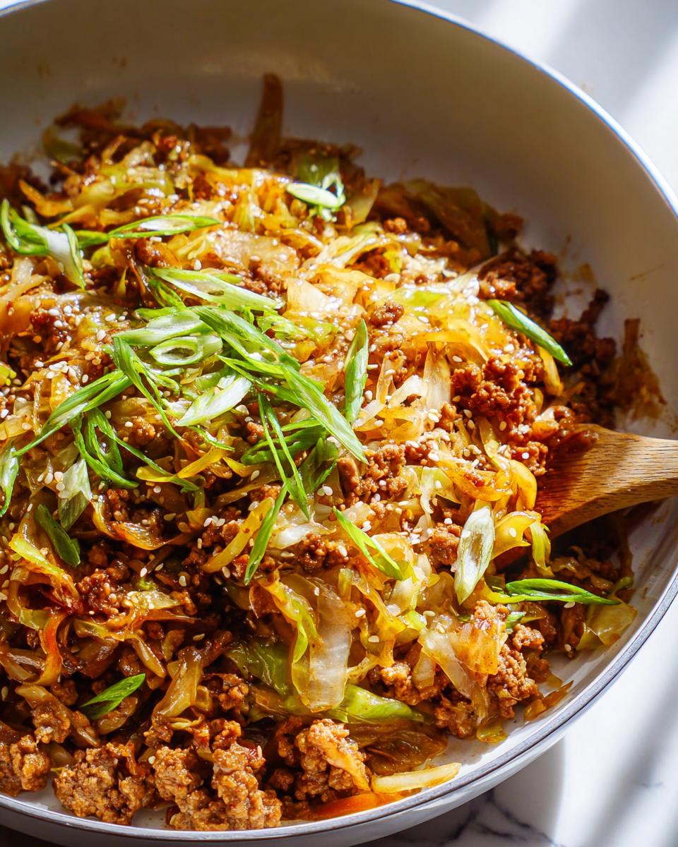 Close-up of a savory Egg Roll in a Bowl with ground meat, cabbage, and green onions.