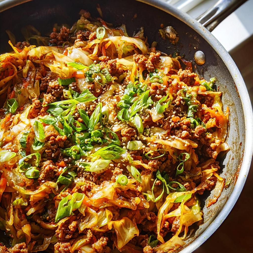 A close-up of a skillet filled with Egg Roll in a Bowl, featuring ground meat, cabbage, and green onions.