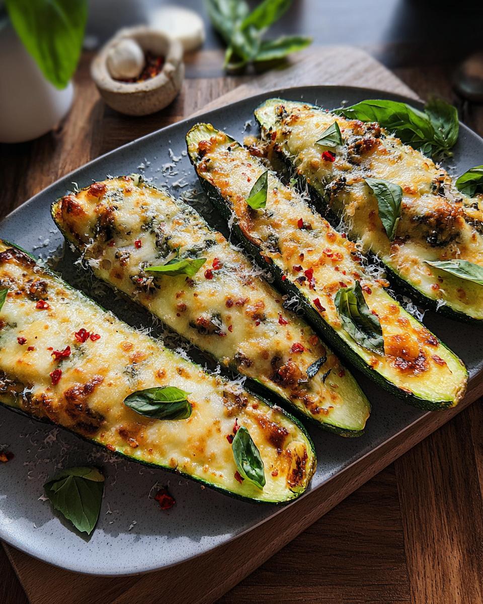 Close-up of baked zucchini boats filled with a savory mixture and topped with melted cheese, fresh basil, and chili flakes.