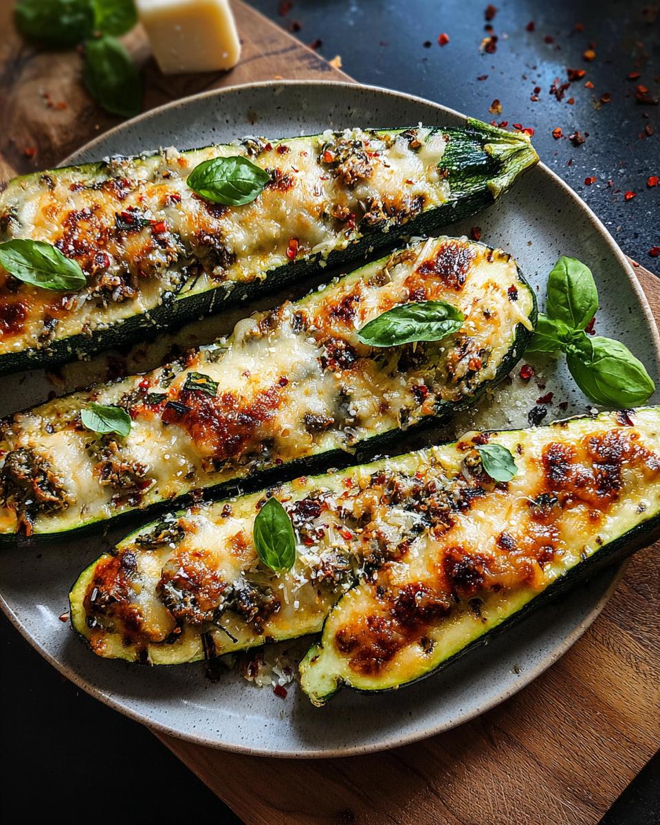 Three halves of baked zucchini stuffed with a savory filling and topped with melted cheese, part of the Effortless Garlic Butter Steak & Zucchini Delight.