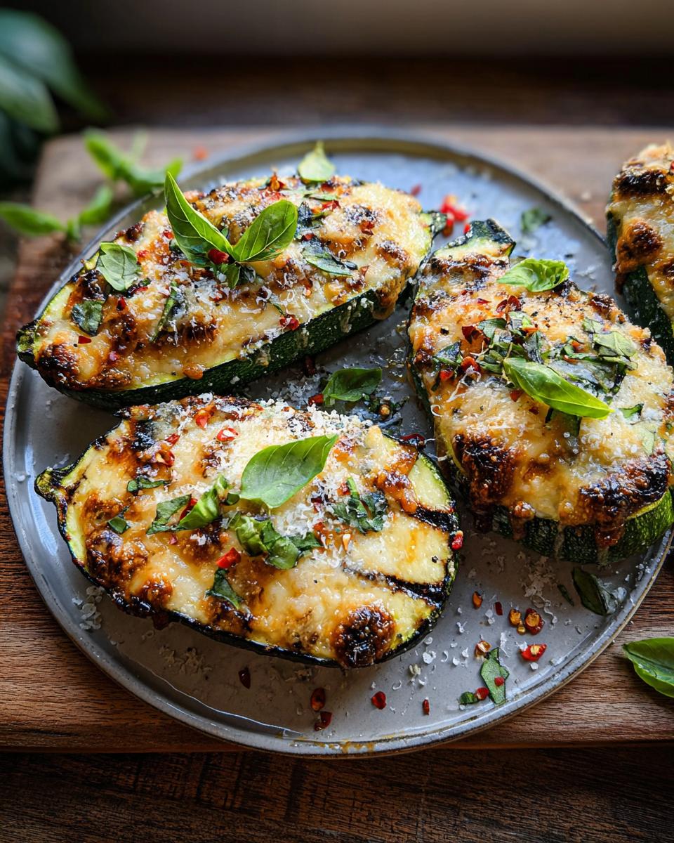 Close-up of baked zucchini boats filled with cheese and herbs, part of the Effortless Garlic Butter Steak & Zucchini Delight recipe.
