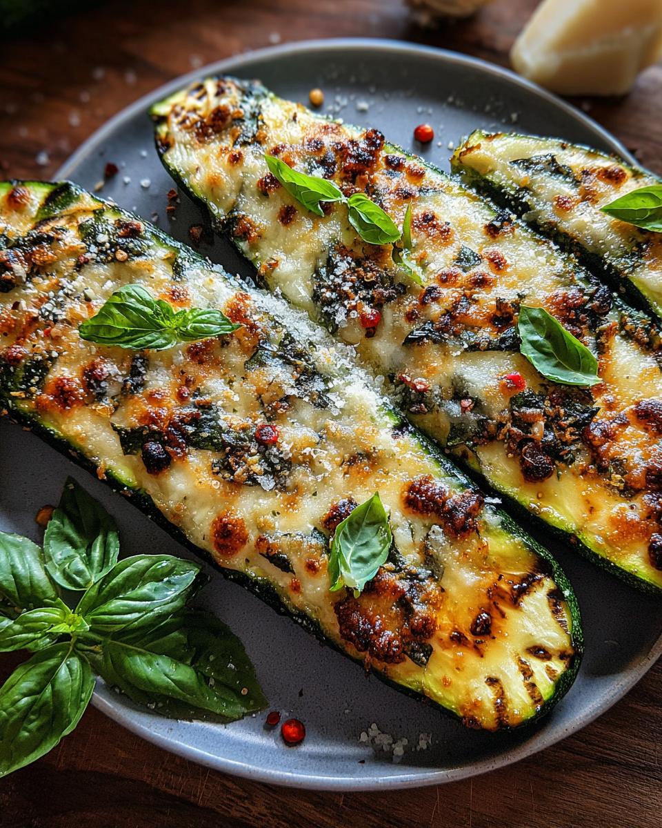 Close-up of baked zucchini halves topped with melted cheese, herbs, and spices, part of the Effortless Garlic Butter Steak & Zucchini Delight.