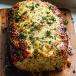 A golden-brown Garlic Parmesan Chicken Meatloaf topped with melted cheese and fresh parsley, resting on a wooden cutting board.