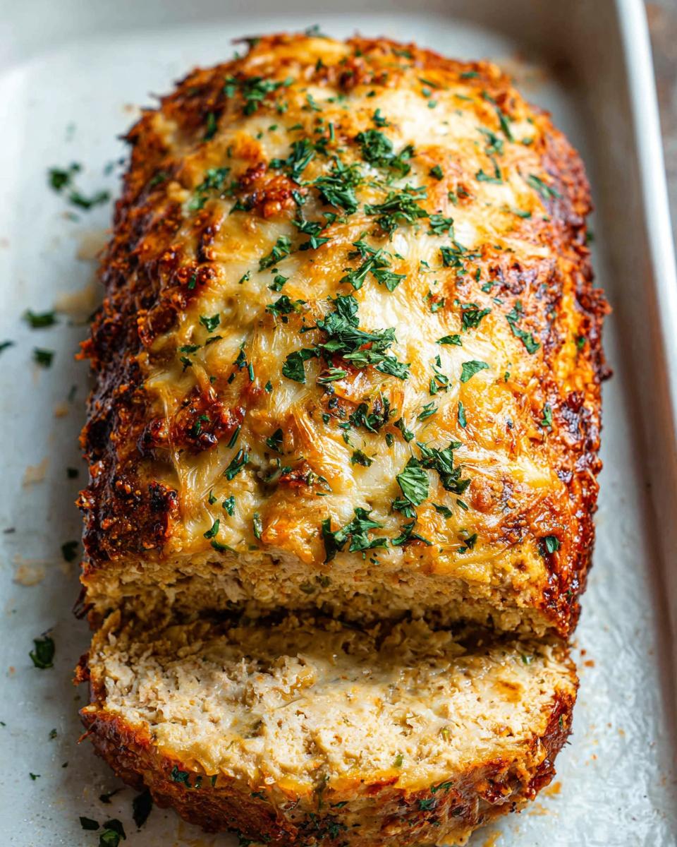 A golden-brown Garlic Parmesan Chicken Meatloaf topped with melted cheese and fresh parsley, with one slice cut.