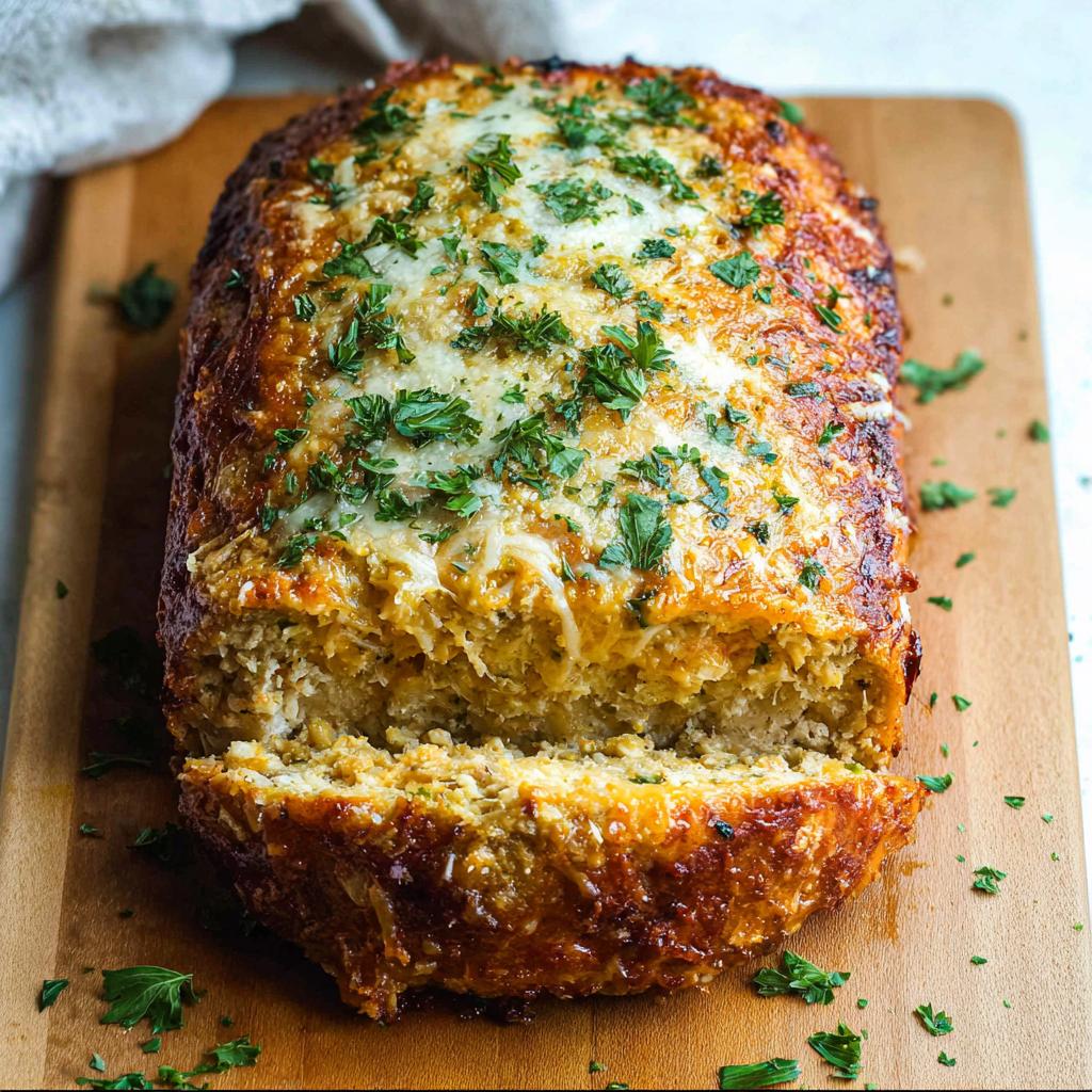 A golden-brown Garlic Parmesan Chicken Meatloaf topped with melted cheese and fresh parsley, with one slice cut.