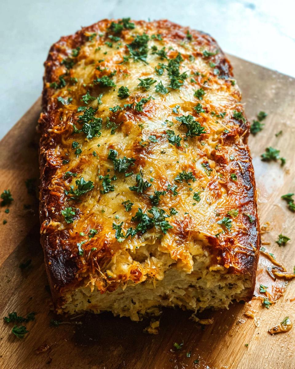 A close-up of a golden-brown Garlic Parmesan Chicken Meatloaf topped with melted cheese and fresh parsley.