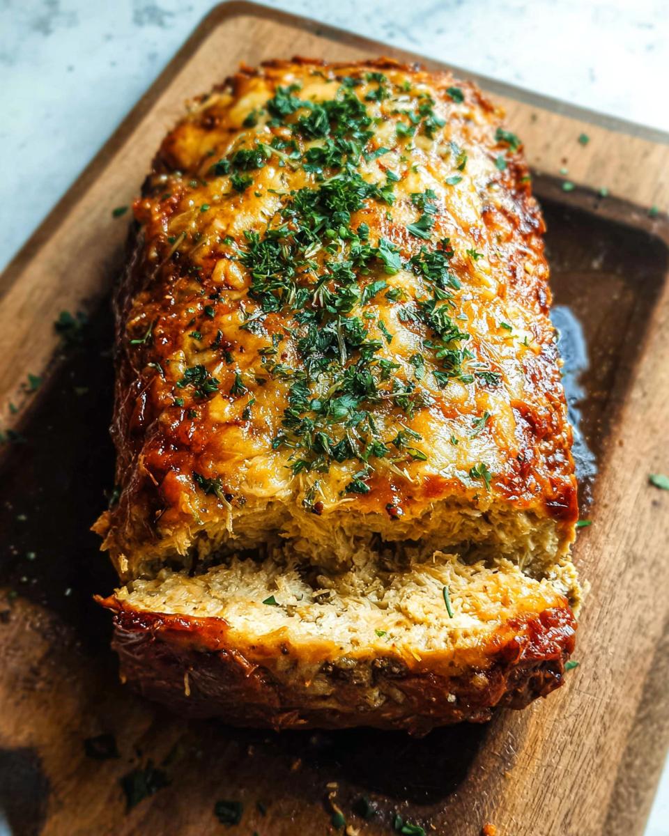 A whole Garlic Parmesan Chicken Meatloaf, sliced to reveal the tender interior, topped with melted cheese and fresh parsley.