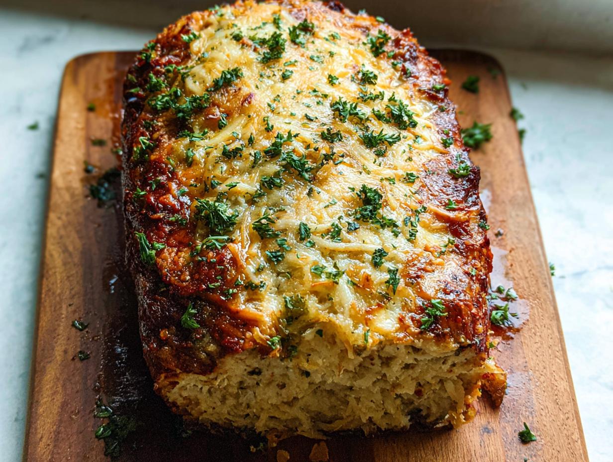 A golden-brown Garlic Parmesan Chicken Meatloaf topped with melted cheese and fresh parsley, resting on a wooden cutting board.