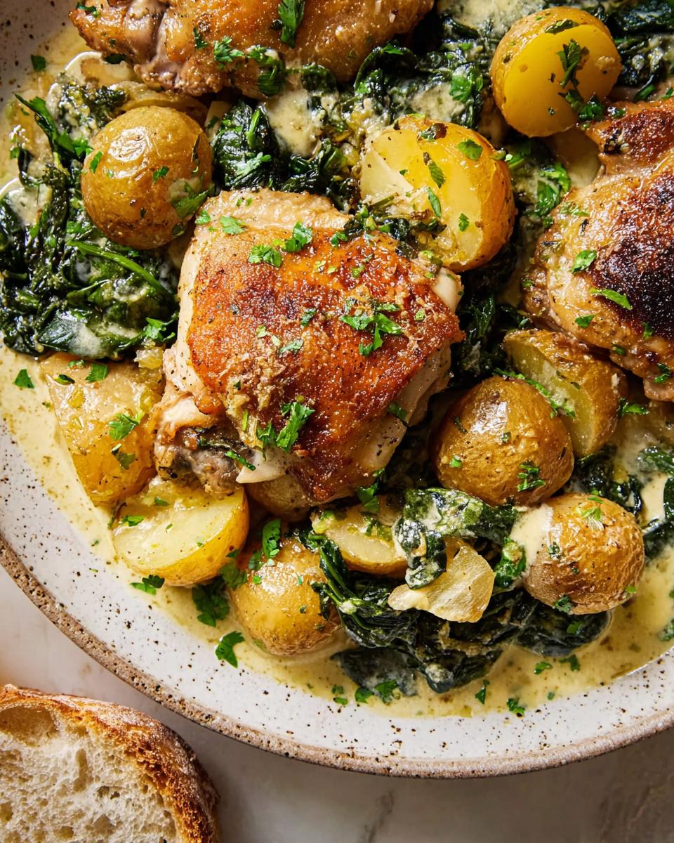 A close-up of Garlic Parmesan Chicken Thighs and Potatoes in a creamy sauce, garnished with parsley.