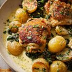 Close-up of Garlic Parmesan Chicken Thighs and Potatoes in a creamy sauce, garnished with parsley.