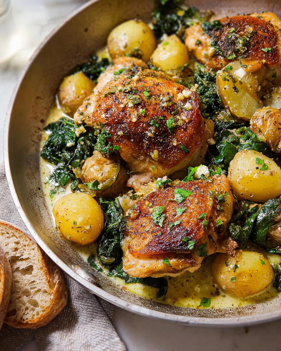 Close-up of Garlic Parmesan Chicken Thighs and Potatoes in a skillet, with crispy chicken skin and golden potatoes.