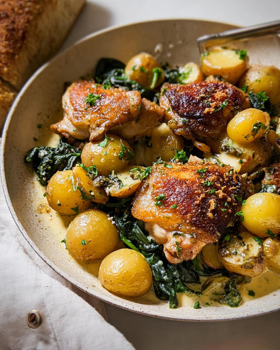 A close-up of Garlic Parmesan Chicken Thighs and Potatoes with creamy sauce and spinach.