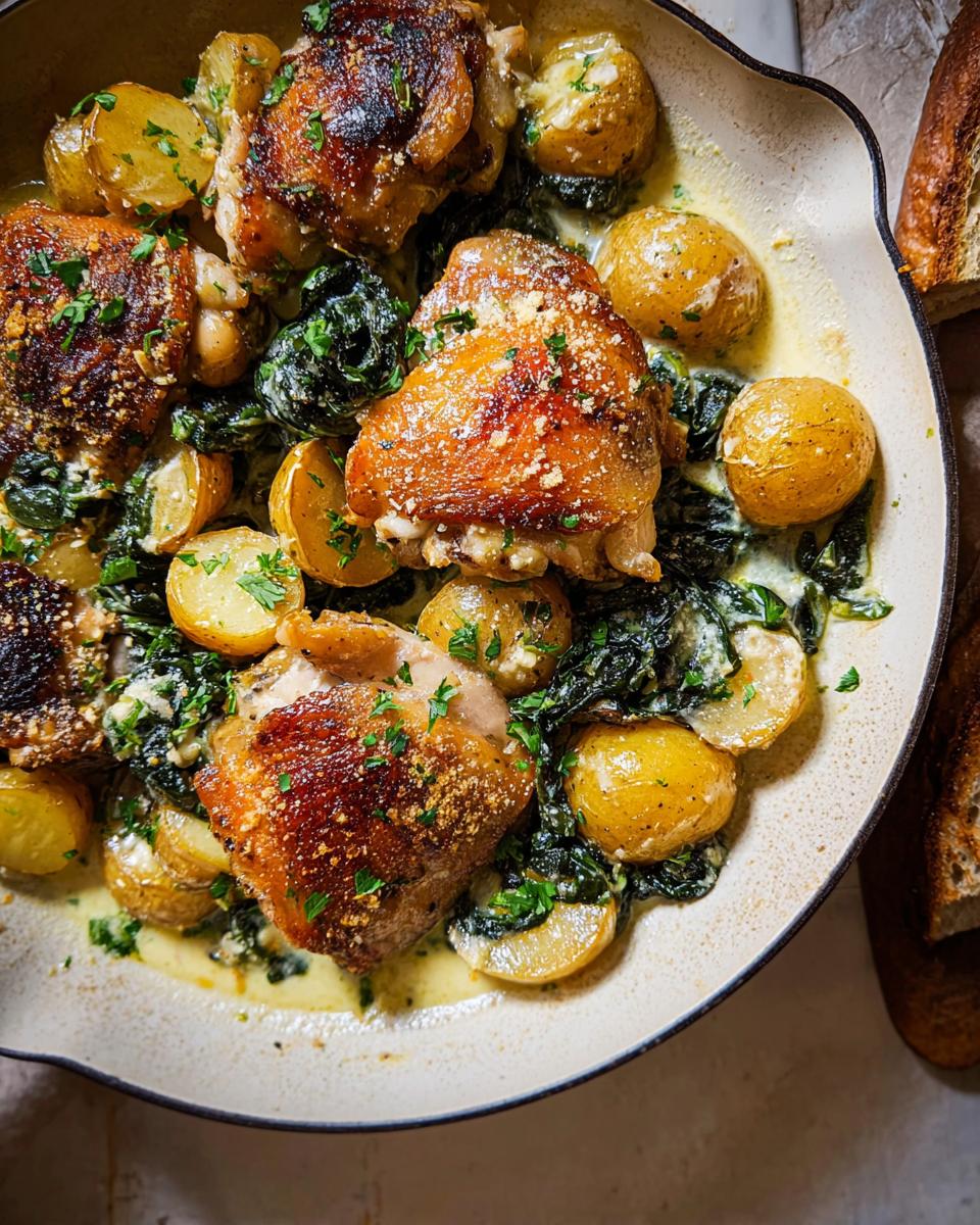A close-up of Garlic Parmesan Chicken Thighs and Potatoes cooked in a creamy sauce, garnished with parsley.