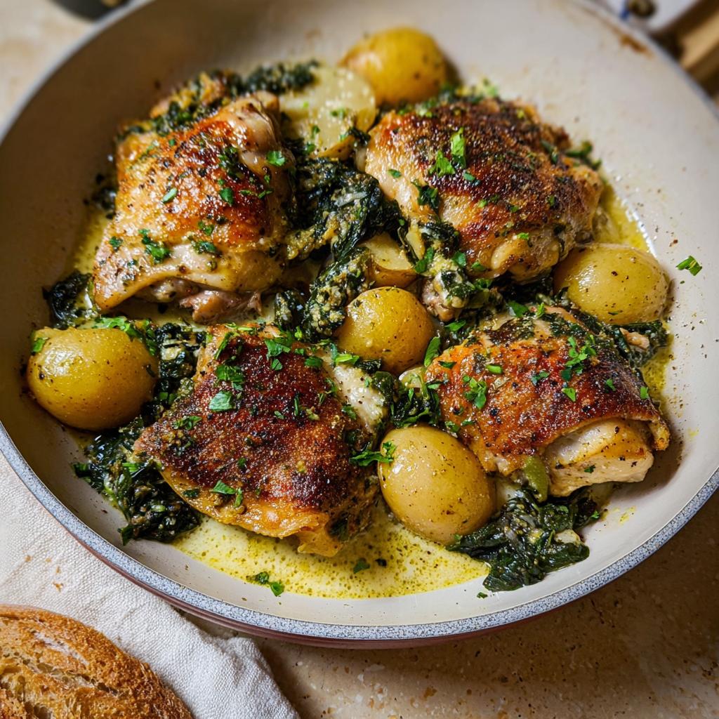 A skillet filled with golden brown Garlic Parmesan Chicken Thighs and Potatoes, garnished with fresh parsley.