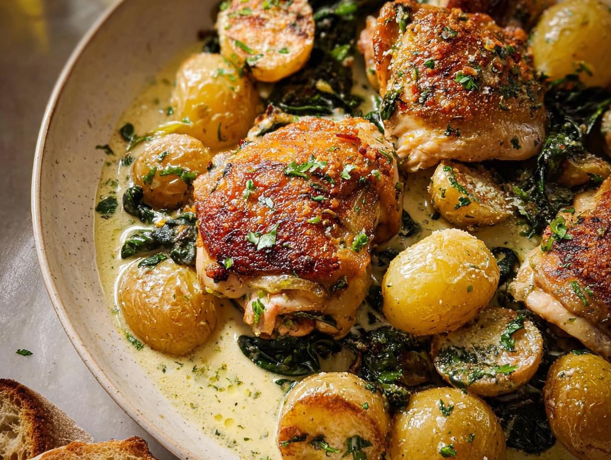 Close-up of Garlic Parmesan Chicken Thighs and Potatoes in a creamy sauce, garnished with parsley.