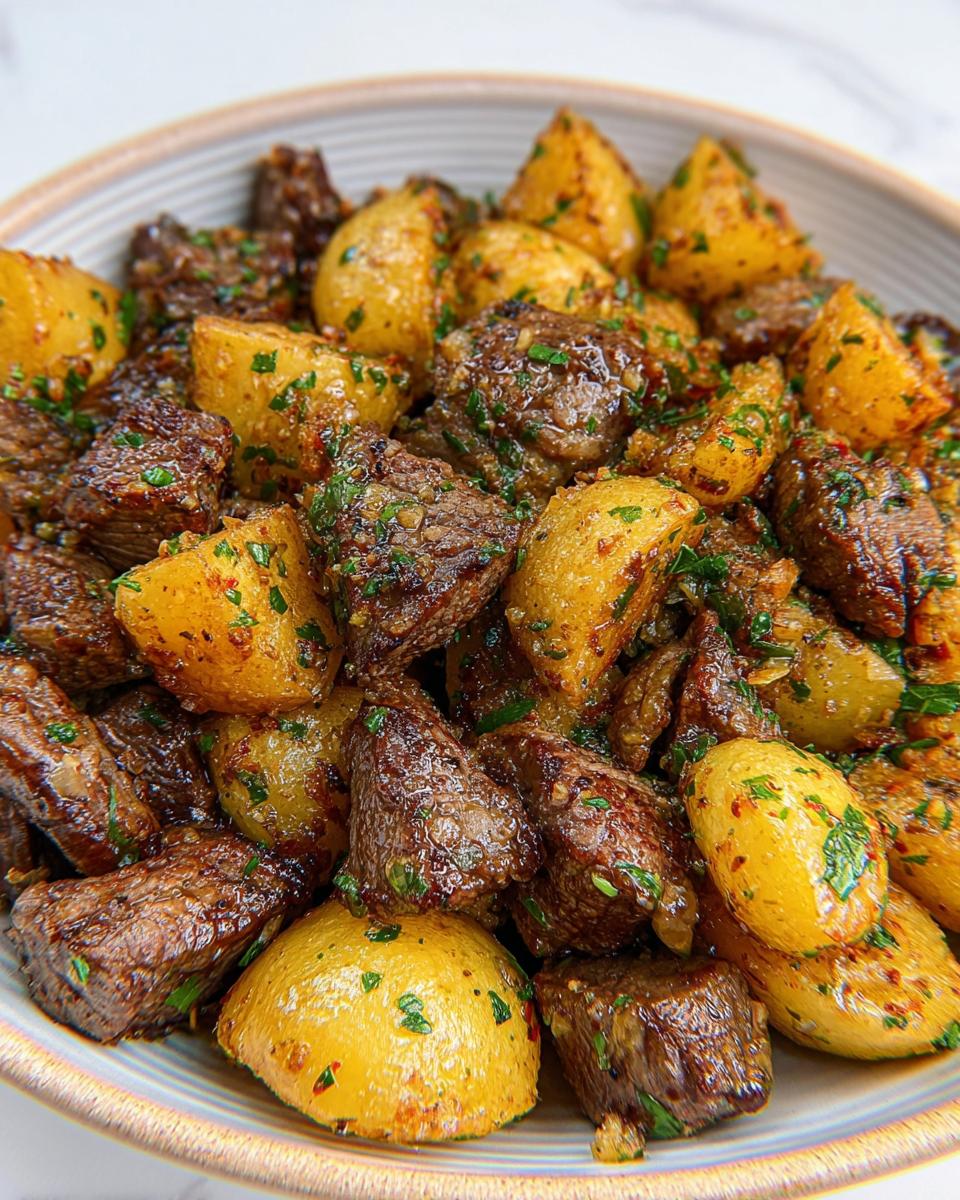 Close-up of a bowl filled with delicious garlic steak bites and roasted potatoes, garnished with fresh parsley.