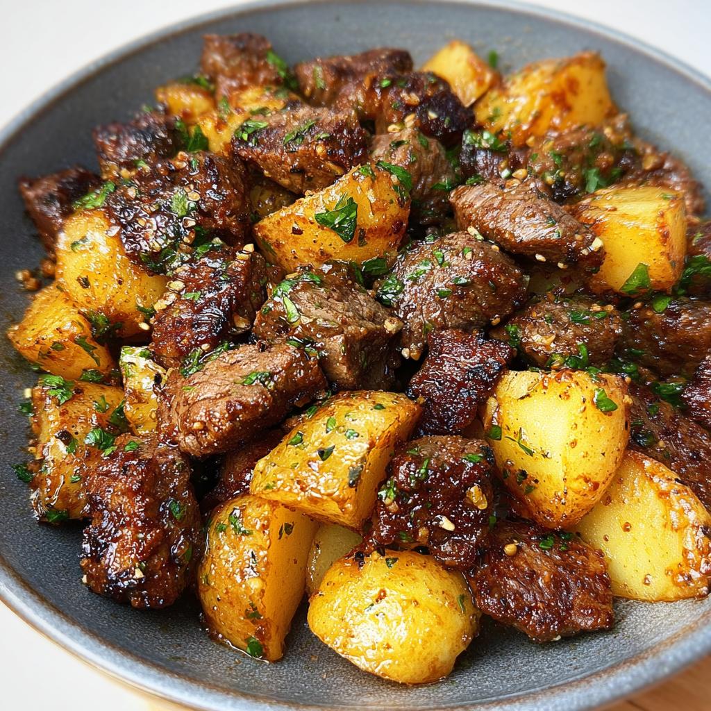 Close-up of The best Garlic Steak Bites and Potatoes, glistening and seasoned with herbs.
