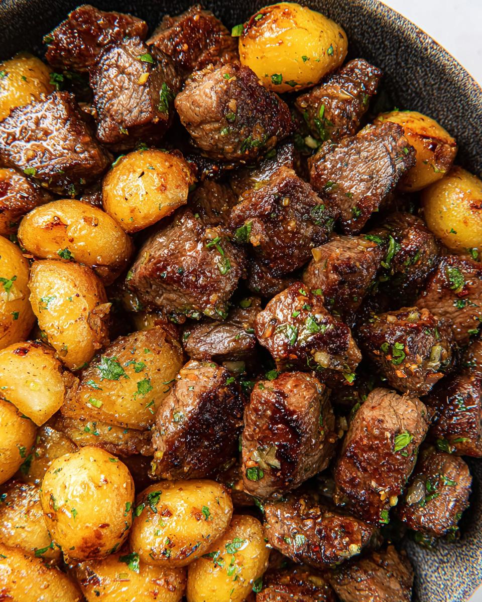 Close-up of juicy garlic steak bites mixed with golden roasted potatoes, sprinkled with fresh parsley.