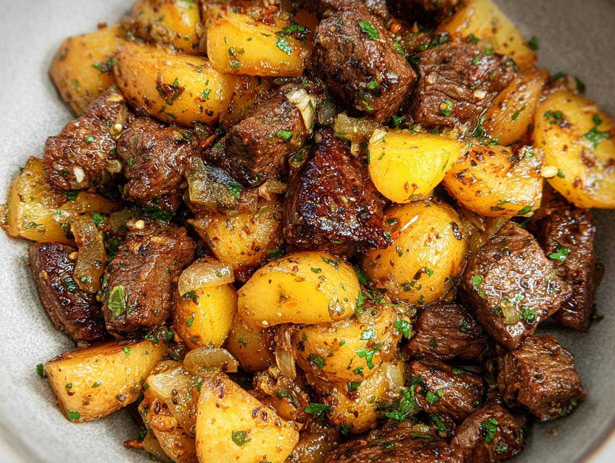 Close-up of tender garlic steak bites mixed with golden roasted potatoes, garnished with fresh parsley.