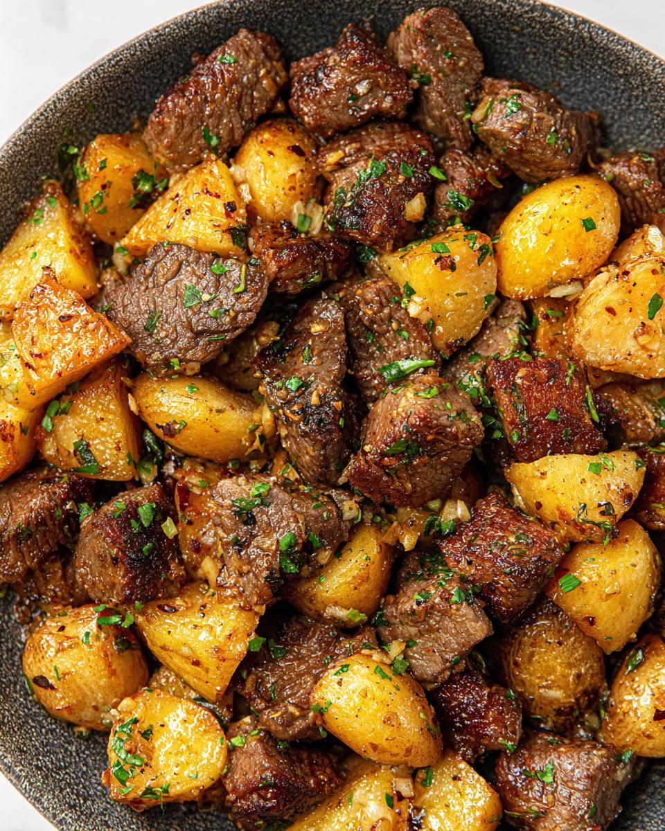 Close-up of tender garlic steak bites mixed with golden roasted potatoes, garnished with fresh parsley.