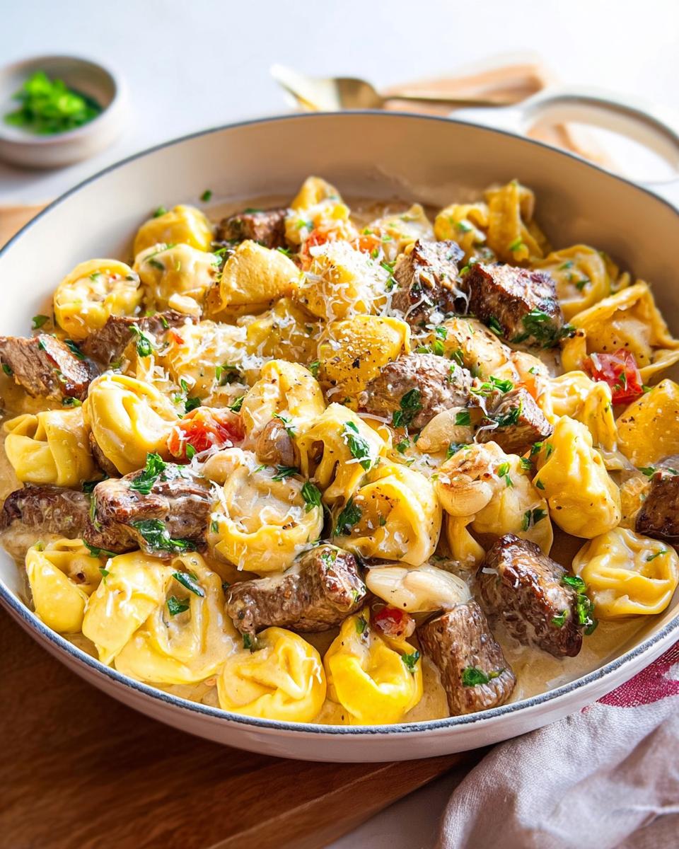 Close-up of a creamy Garlic Steak Tortellini dish, featuring tender steak pieces and tortellini pasta, garnished with parsley and cheese.