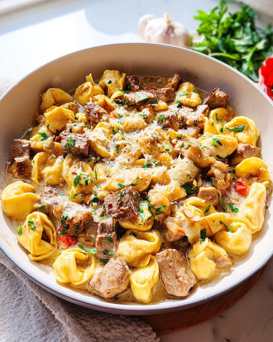 A close-up of Garlic Steak Tortellini in a creamy sauce, garnished with parsley and grated cheese.