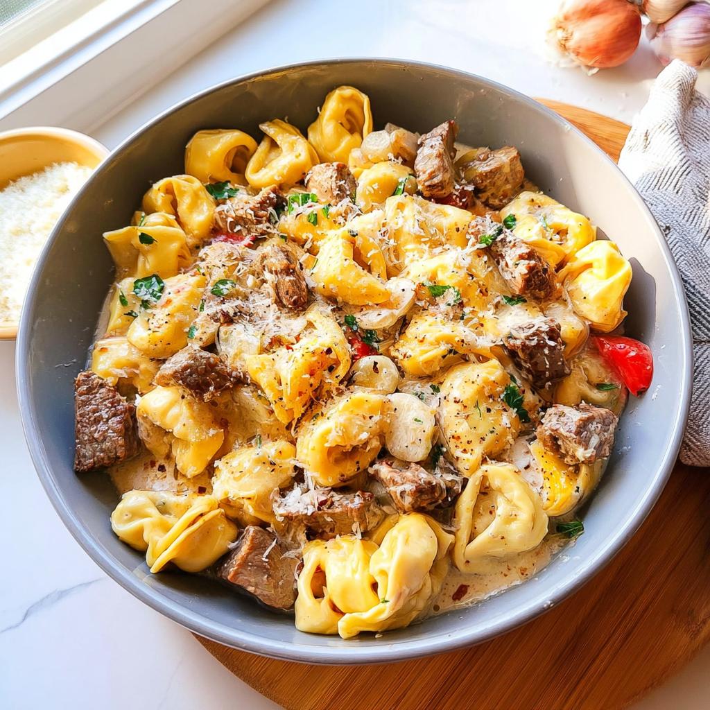 A bowl of Garlic Steak Tortellini in a rich, creamy sauce, topped with Parmesan cheese and parsley.