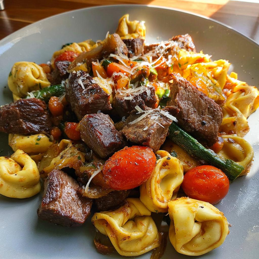 A close-up of a plate of Garlic Steak Tortellini, featuring tender steak bites, tortellini pasta, cherry tomatoes, and asparagus spears.