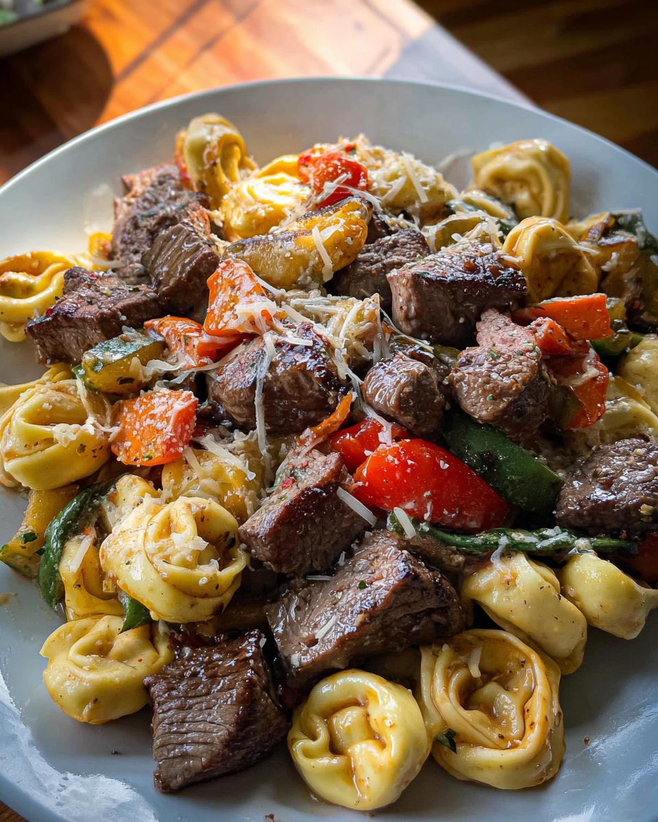 A close-up of a white plate filled with Garlic Steak Tortellini, featuring tender steak bites, colorful vegetables, and cheese.