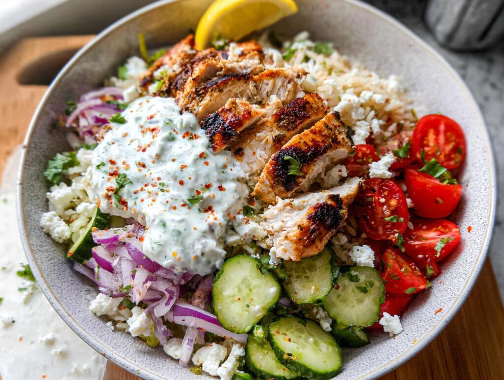 A vibrant bowl filled with sliced grilled chicken, rice, cucumber, tomatoes, red onion, feta cheese, and a generous dollop of tzatziki sauce, part of a Greek Chicken Bowl.