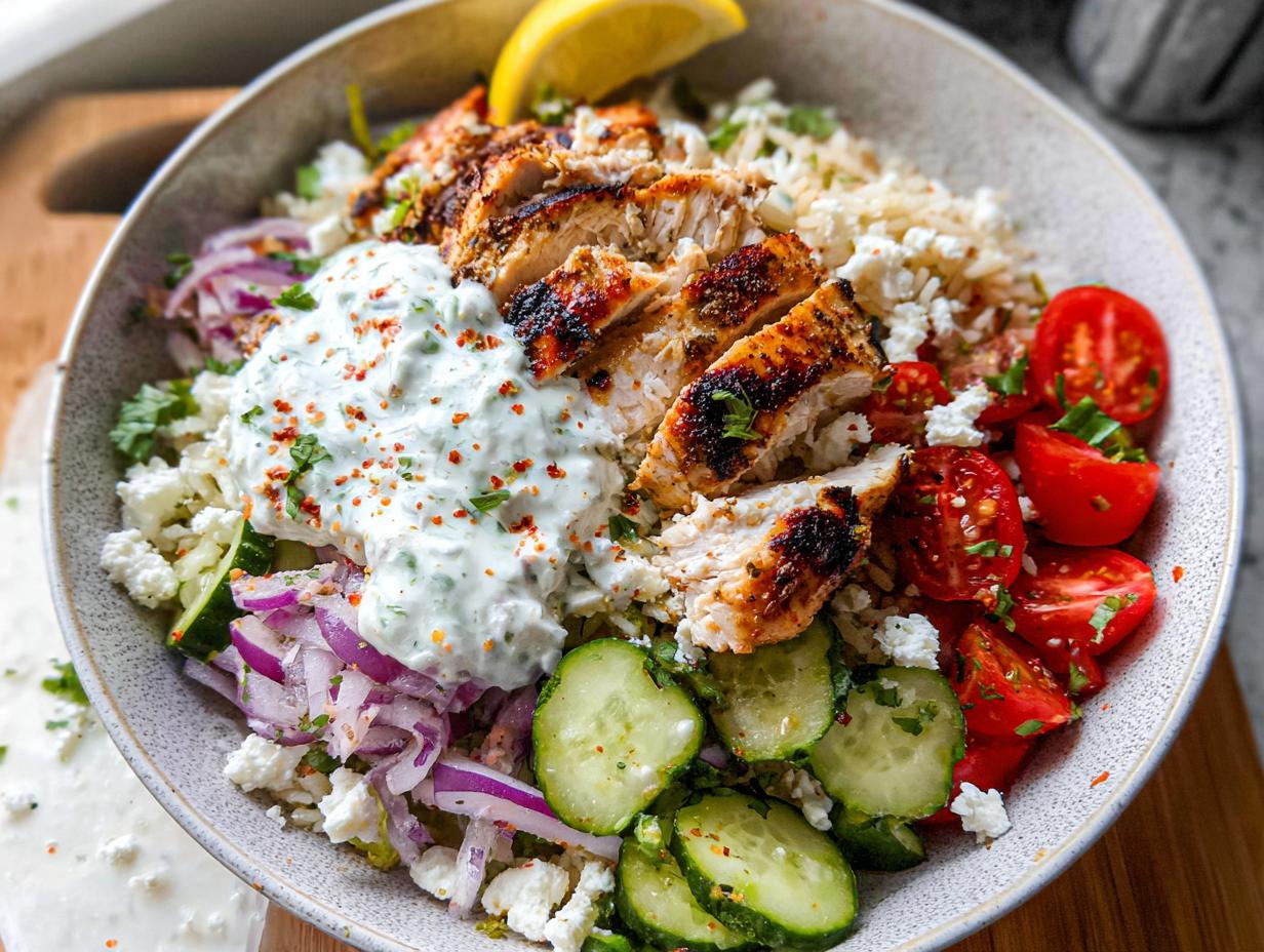 A vibrant bowl filled with sliced grilled chicken, rice, cucumber, tomatoes, red onion, feta cheese, and a generous dollop of tzatziki sauce, part of a Greek Chicken Bowl.