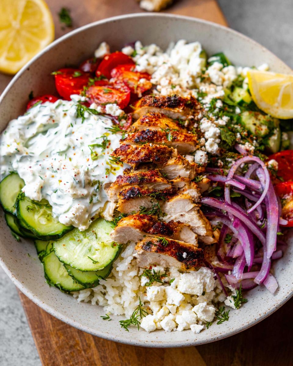A vibrant bowl of Greek Chicken Bowls featuring grilled chicken, rice, cucumber, tomatoes, feta, and tzatziki.