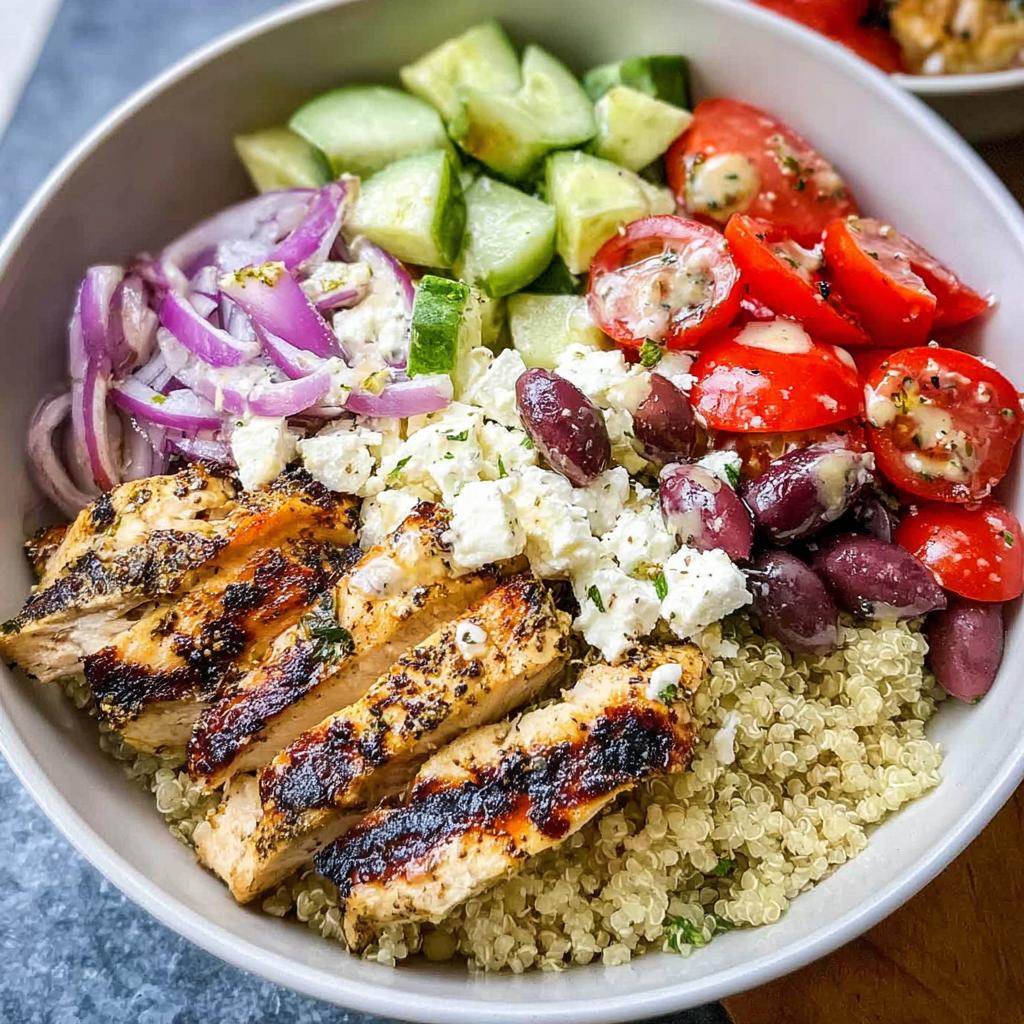 A vibrant bowl of Greek Chicken Bowls featuring grilled chicken, quinoa, tomatoes, cucumbers, red onion, olives, and feta cheese.