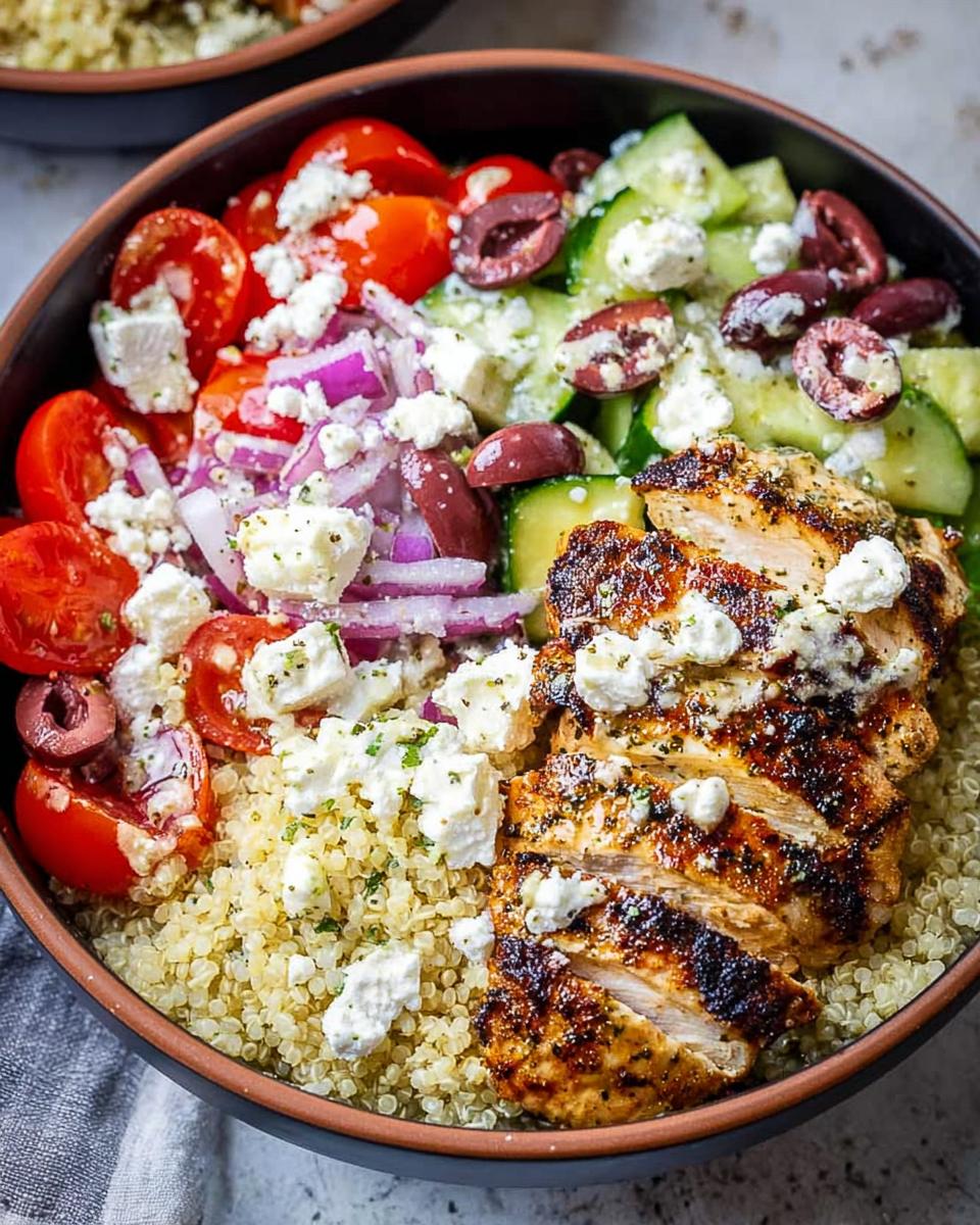 Close-up of a Greek Chicken Bowl with quinoa, grilled chicken, tomatoes, cucumber, red onion, olives, and feta cheese.