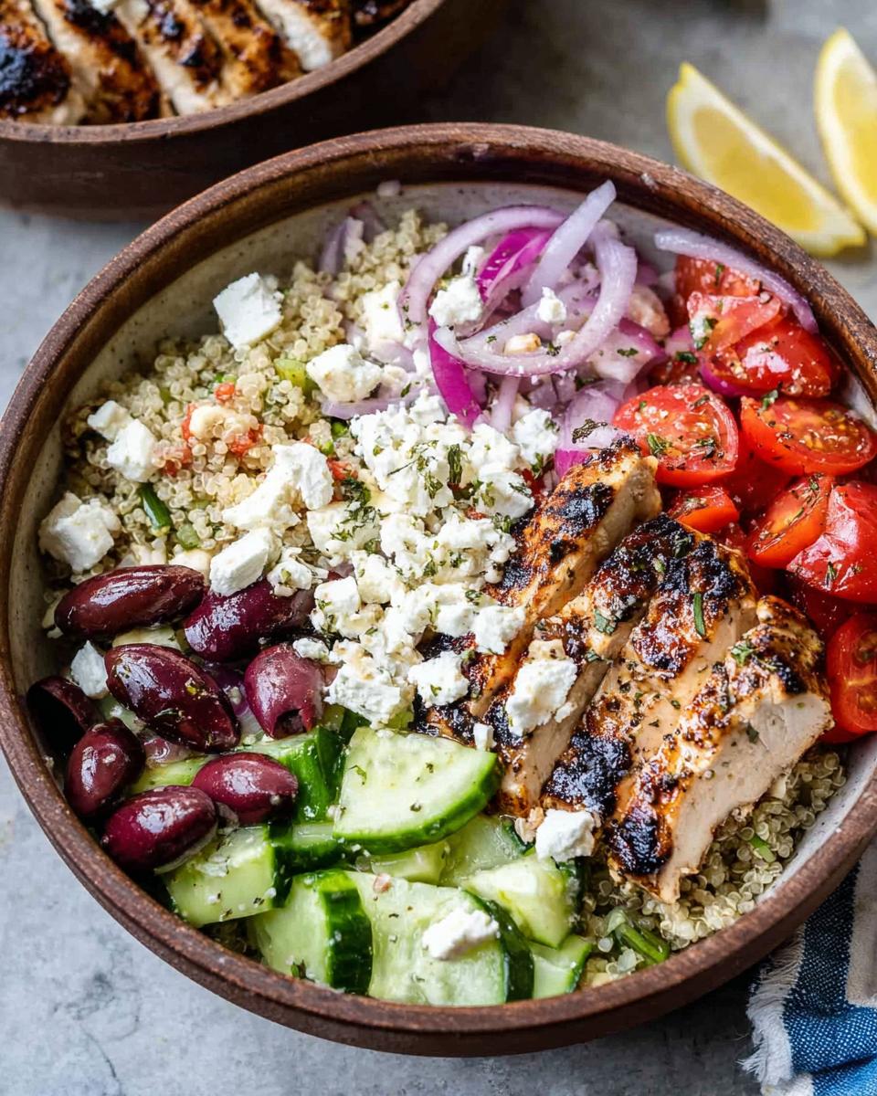 Close-up of a Greek Chicken Bowl with grilled chicken, quinoa, tomatoes, cucumbers, olives, red onion, and feta cheese.