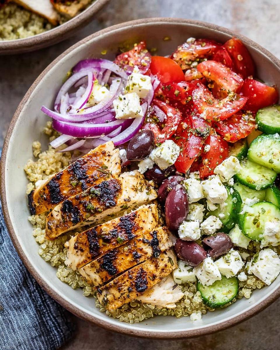 Close-up of a Greek Chicken Bowl with grilled chicken, quinoa, tomatoes, cucumbers, olives, red onion, and feta cheese.