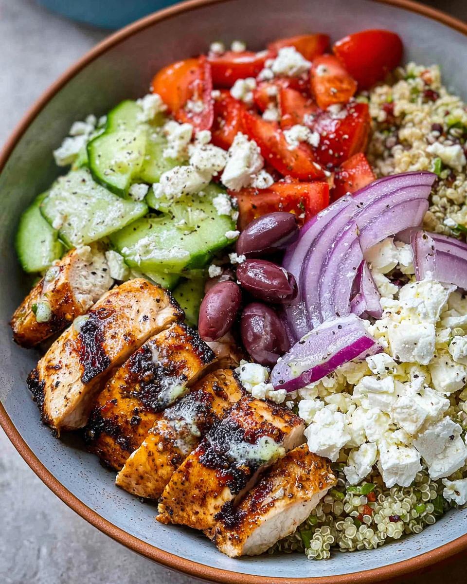 Close-up of a Greek Chicken Bowl with grilled chicken, quinoa, tomatoes, cucumbers, feta cheese, olives, and red onion.