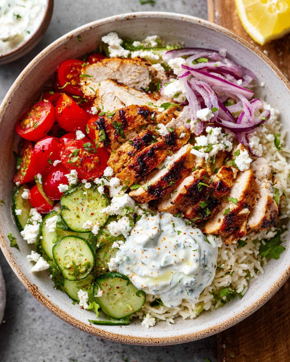 A vibrant Greek Chicken Bowl filled with grilled chicken, rice, cucumbers, tomatoes, red onion, feta, and tzatziki.
