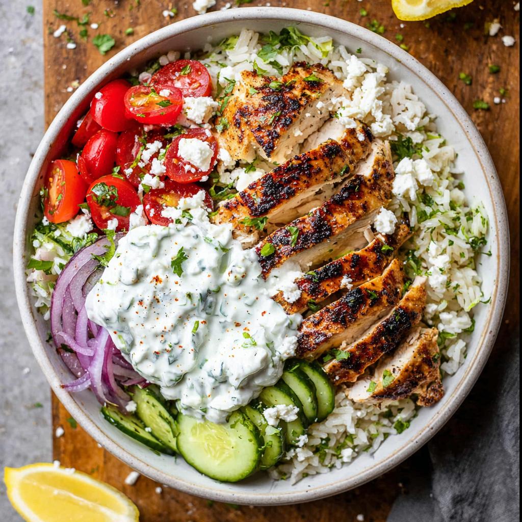 A vibrant bowl filled with rice, grilled chicken, tomatoes, cucumbers, red onion, feta cheese, and tzatziki sauce, representing Greek Chicken Bowls.