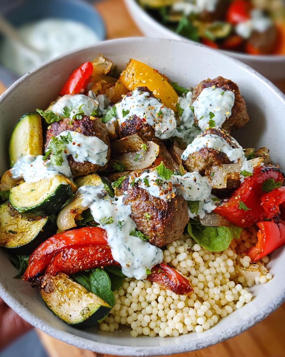 A delicious Greek Meatball Bowl Recipe featuring seasoned meatballs, roasted vegetables like zucchini, bell peppers, and onions, served over couscous with a creamy herb sauce.